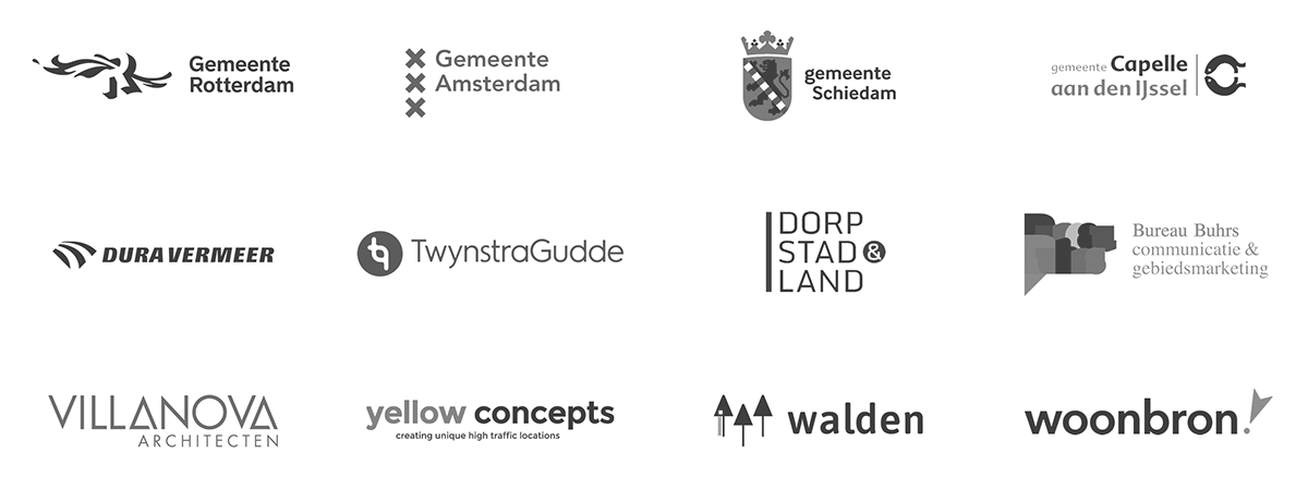 Logo's van opdrachtgevers van Govart: Gemeente Rotterdam, Gemeente Amsterdam, Gemeente Schiedam, Gemeente Capelle aan den IJssel, Dura Vermeer, TwynstraGudde, Dorp Stad & Land, Bureau Buhrs, Villa Nova Architecten, Yellow Concepts, Walden en Woonbron