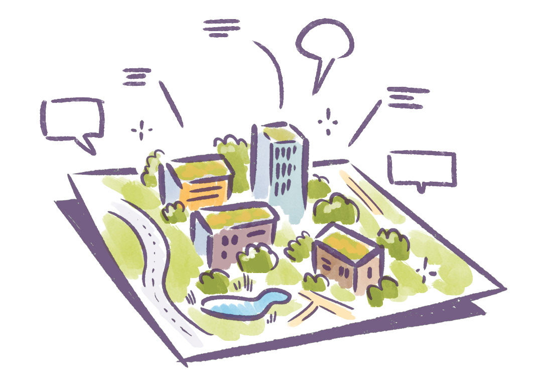 Conceptillustratie van een gebiedsvisie: isometrische wijkkaart met bebouwing, groen, water en participatie-praatwolken