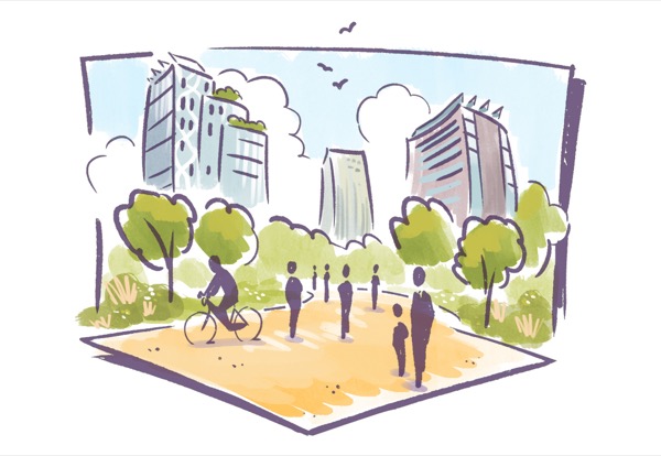 Illustratie van een straatbeeld op ooghoogte met wandelaars, fietser en hoogbouw