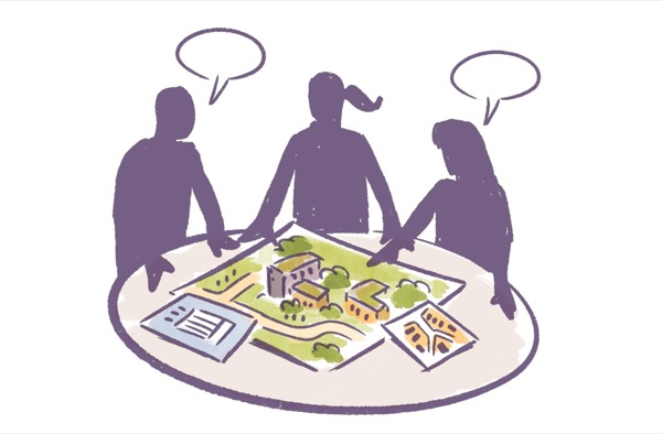 Illustratie van bewoners en betrokkenen die rond een tafel een gebiedsvisie bespreken