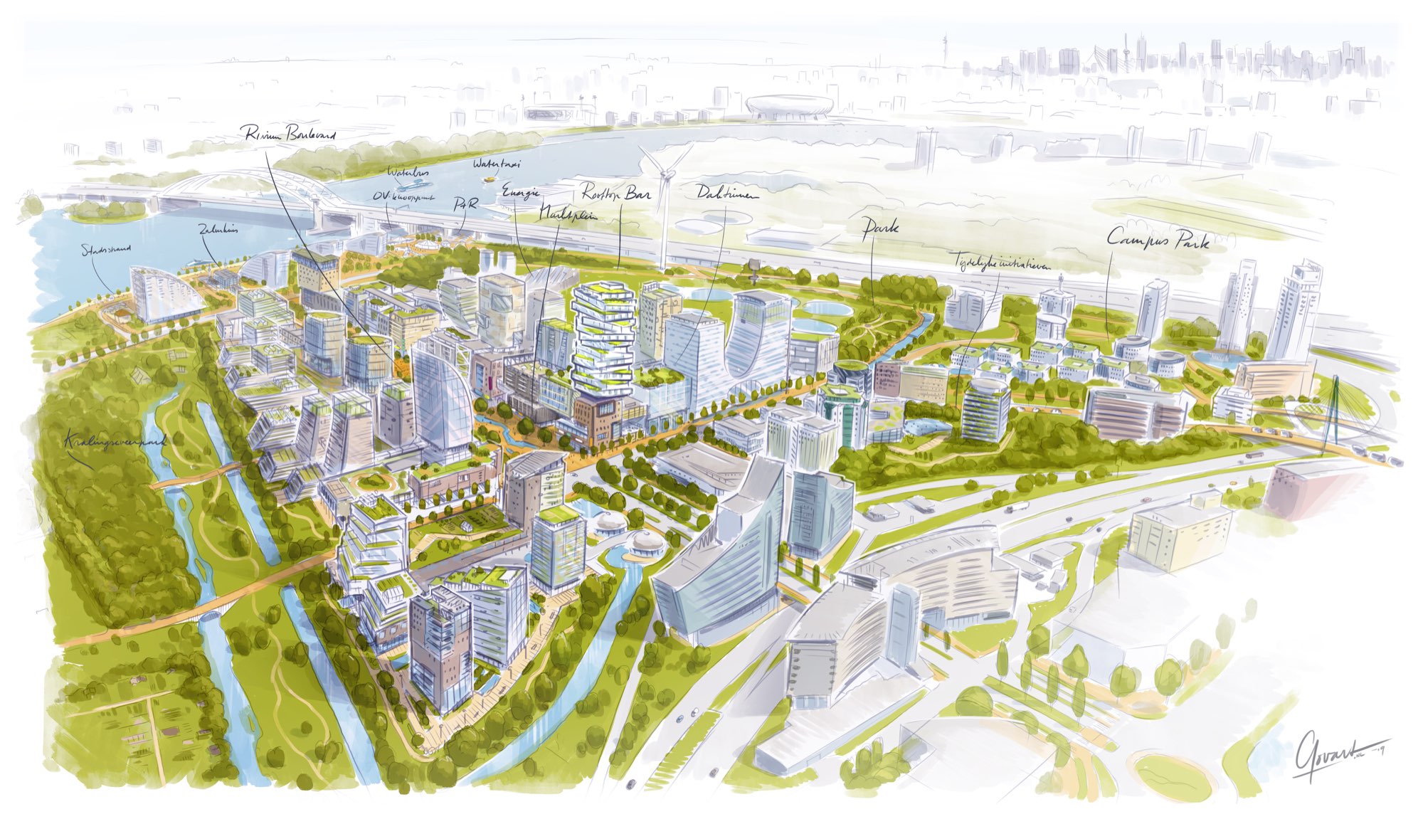 Vogelvluchtillustratie van gebiedsontwikkeling Het Nieuwe Rivium in Capelle aan den IJssel, met Rivium Boulevard, campus, park en hoogbouw