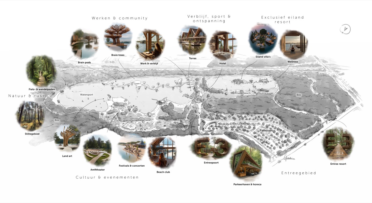 Handgetekende schets leisure concept E3 Park met paviljoens en waterpartij