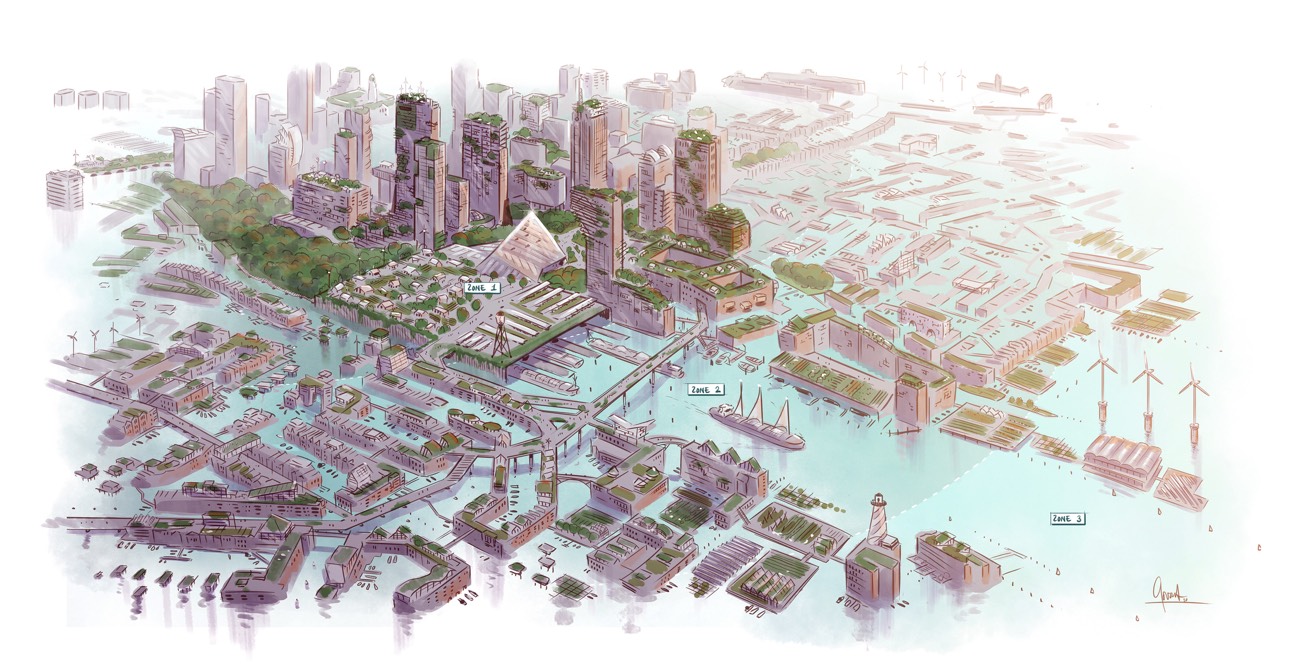 Toekomstscenario Rotterdam 2060 met overstroomd landschap door klimaatverandering