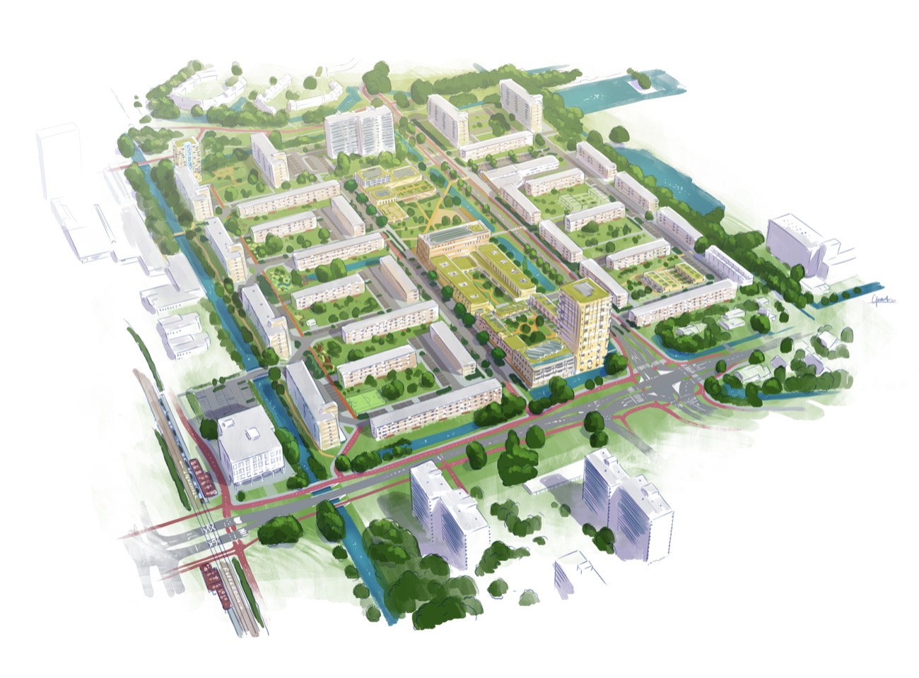 Vogelvluchtperspectief gebiedsvisie Florabuurt: illustratie van woonblokken, groen en waterstructuur in een stedelijk gebied