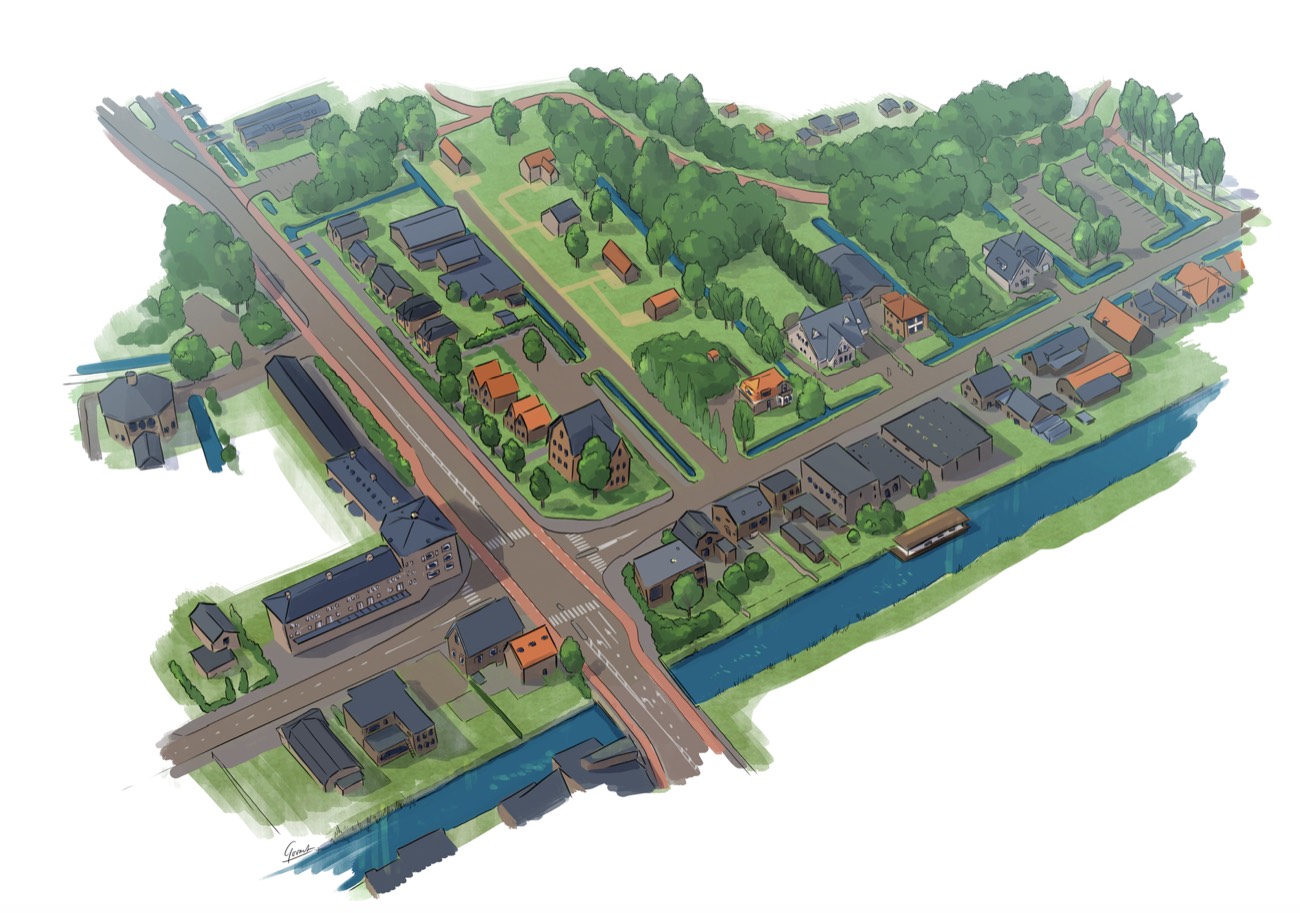 Vogelvluchttekening Landelijk Capelle met contrast tussen landschap en stedelijke ontwikkeling